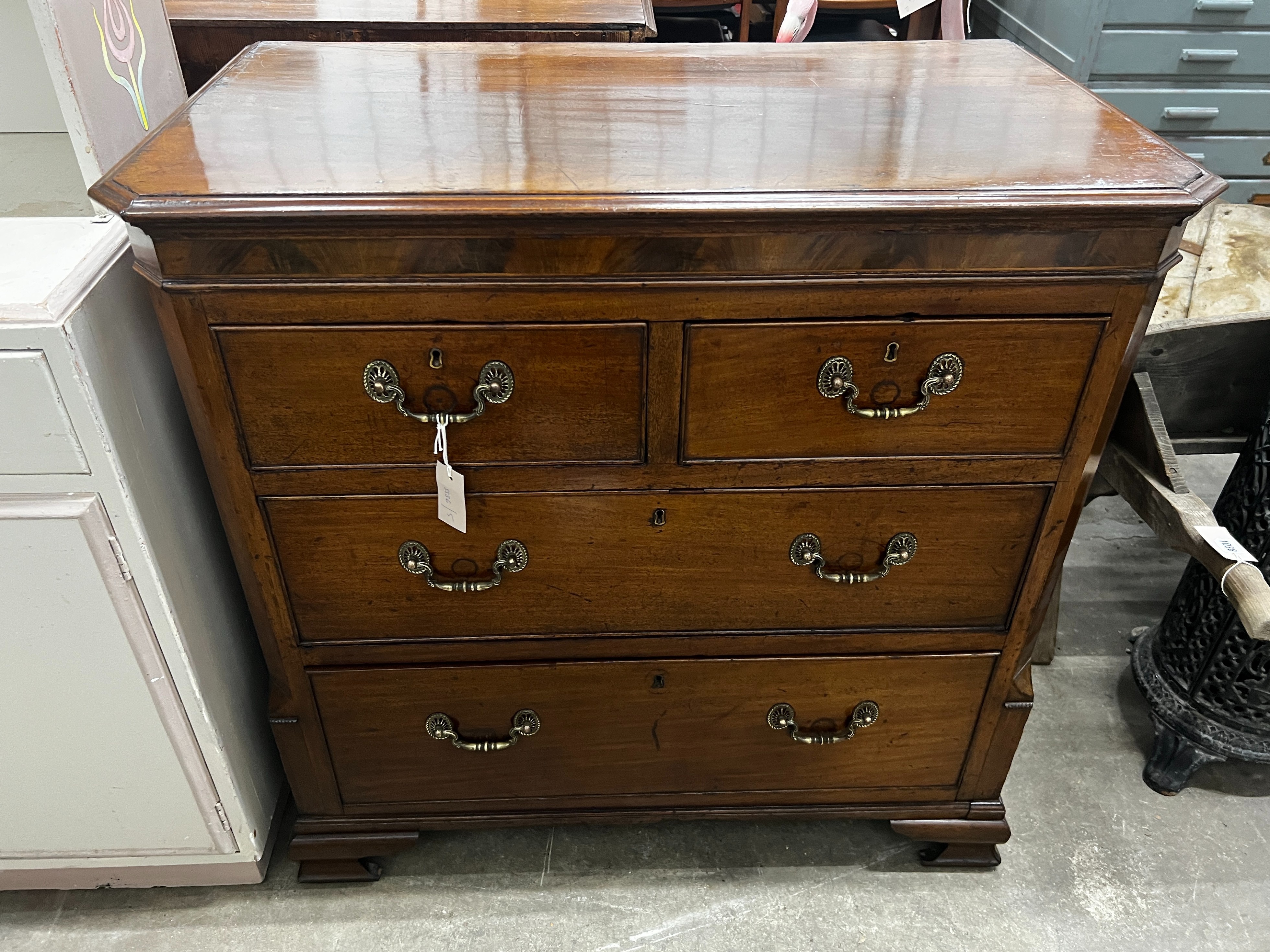 A George III mahogany four drawer chest on ogee bracket feet, width 93cm, depth 51cm, height 93cm